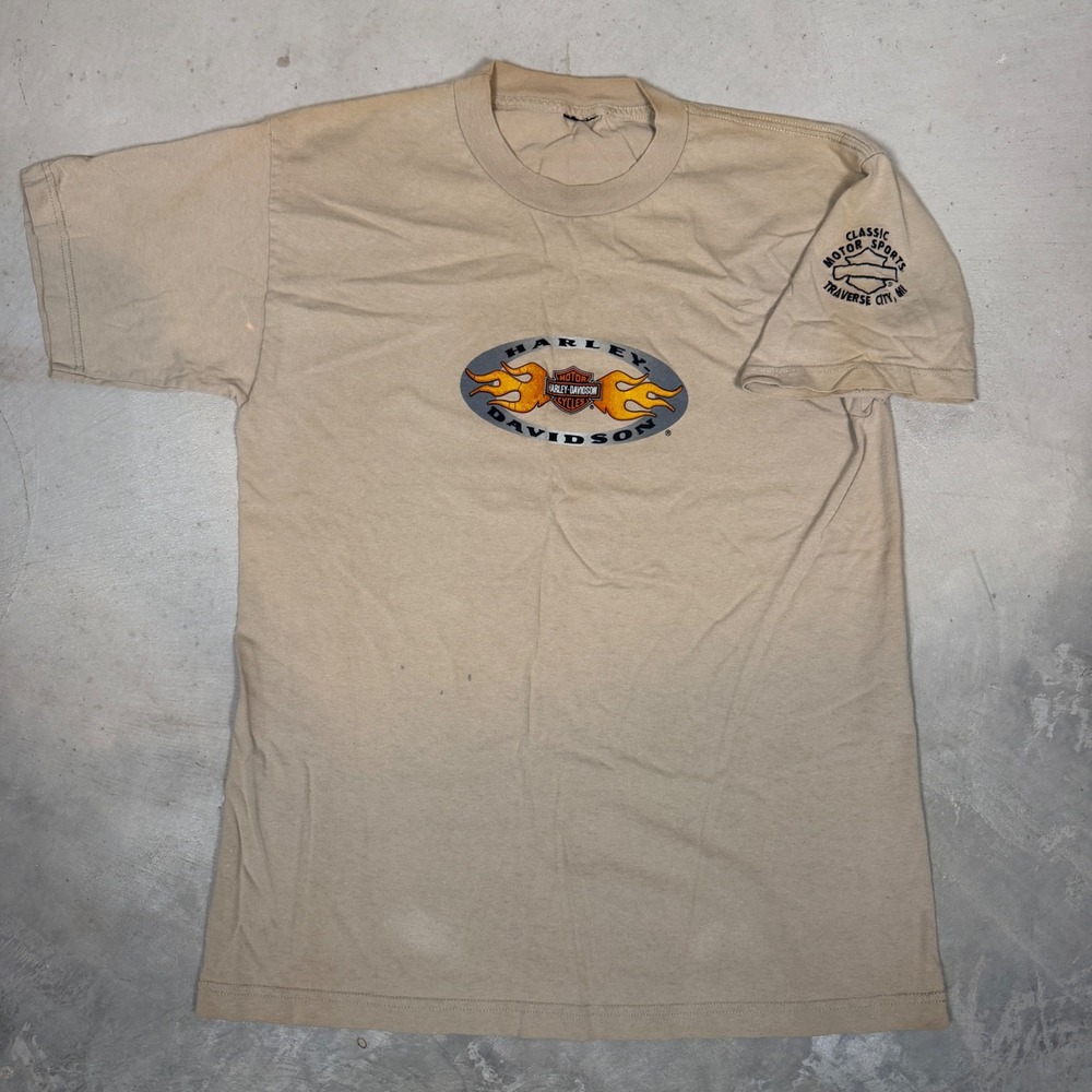 Harley Davidson Traverse City MI Graphic T-Shirt Tan Mens L Flame Logo